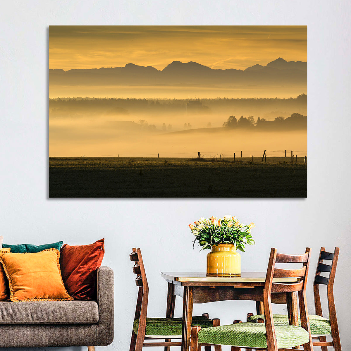 Bavarian Alps Morning Haze Wall Art in a room, landscape