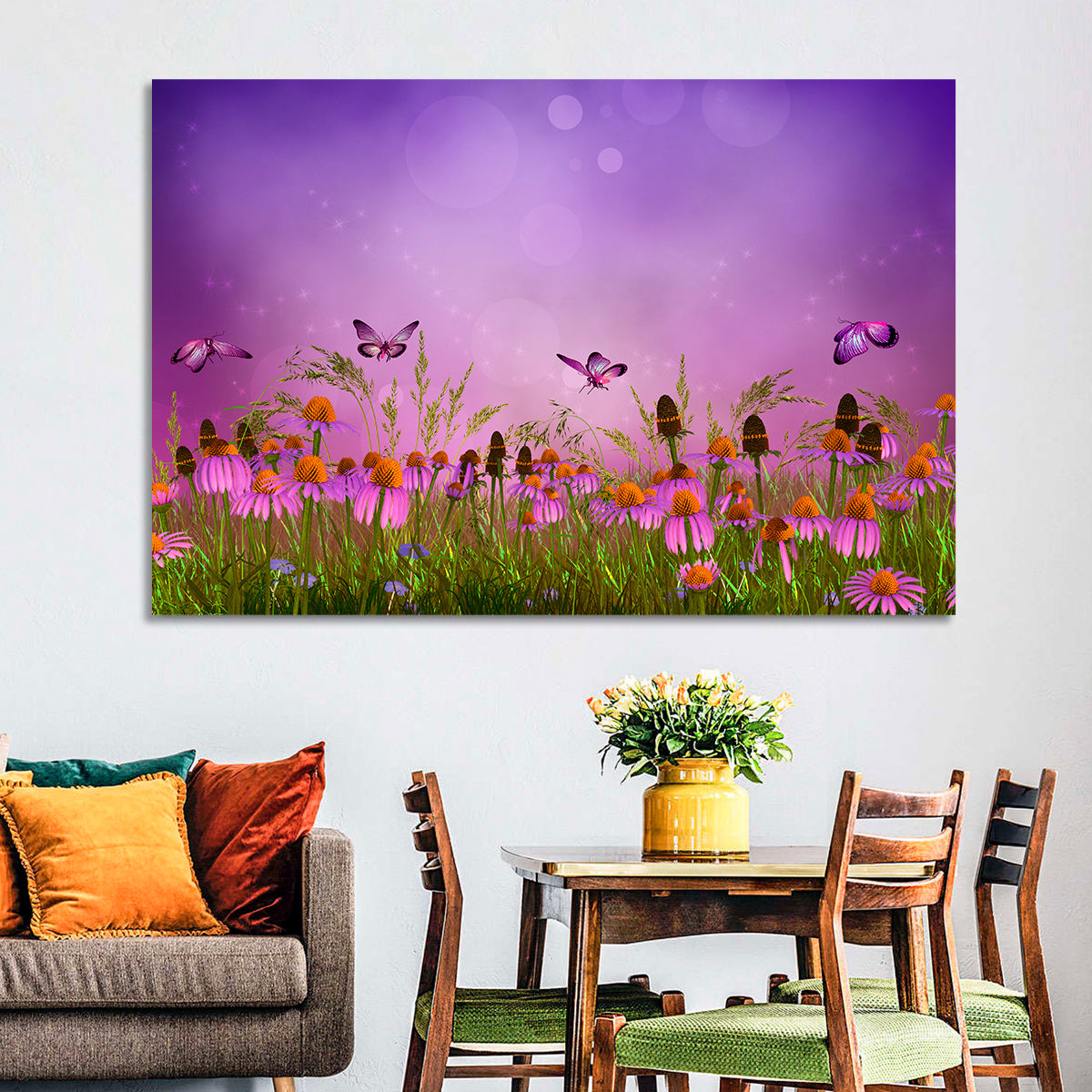 Purple Coneflower Butterfly Meadow Wall Art in a room, landscape