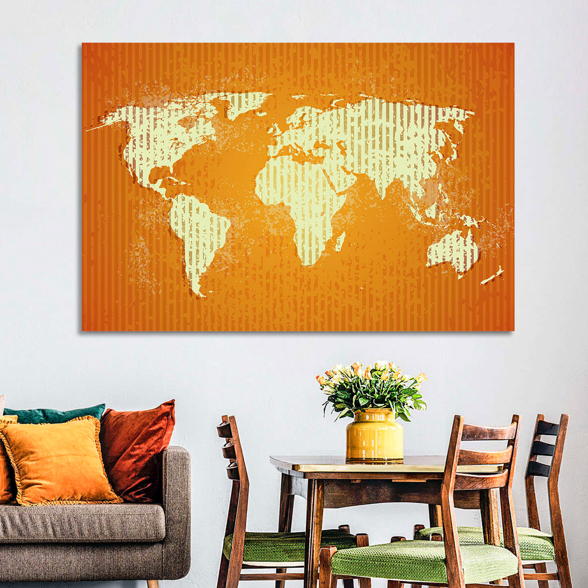 Vintage Orange World Map Wall Art in a room, landscape