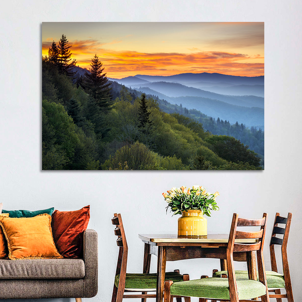 Great Smoky Mountains Sunset Wall Art in a room, landscape