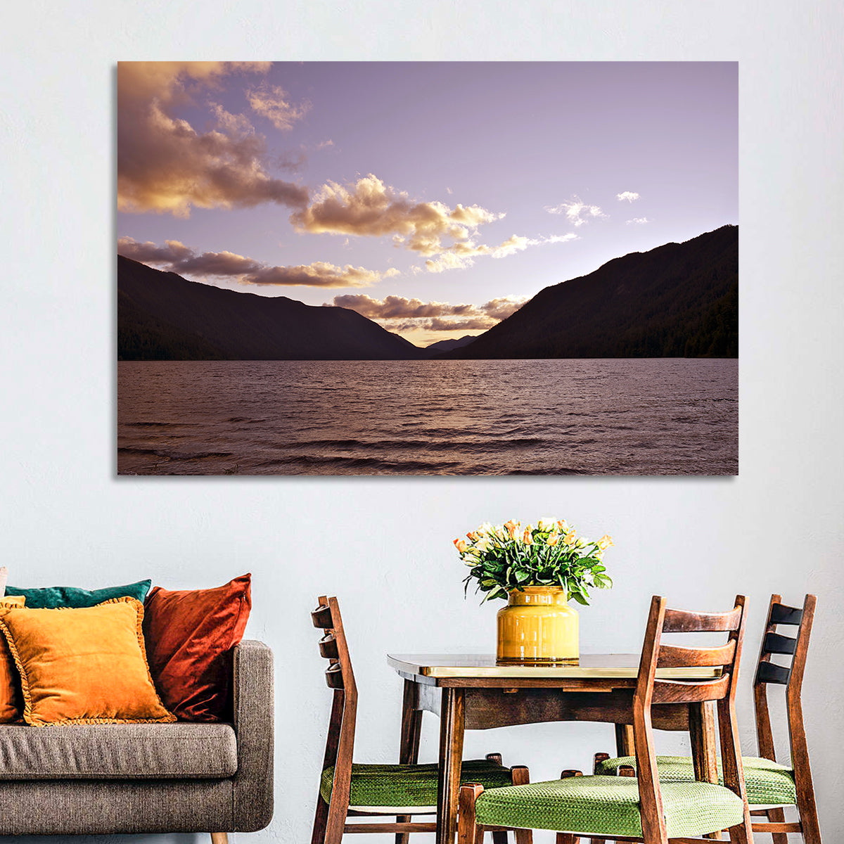 Purple Sunset Over Lake Crescent Wall Art in a room, landscape
