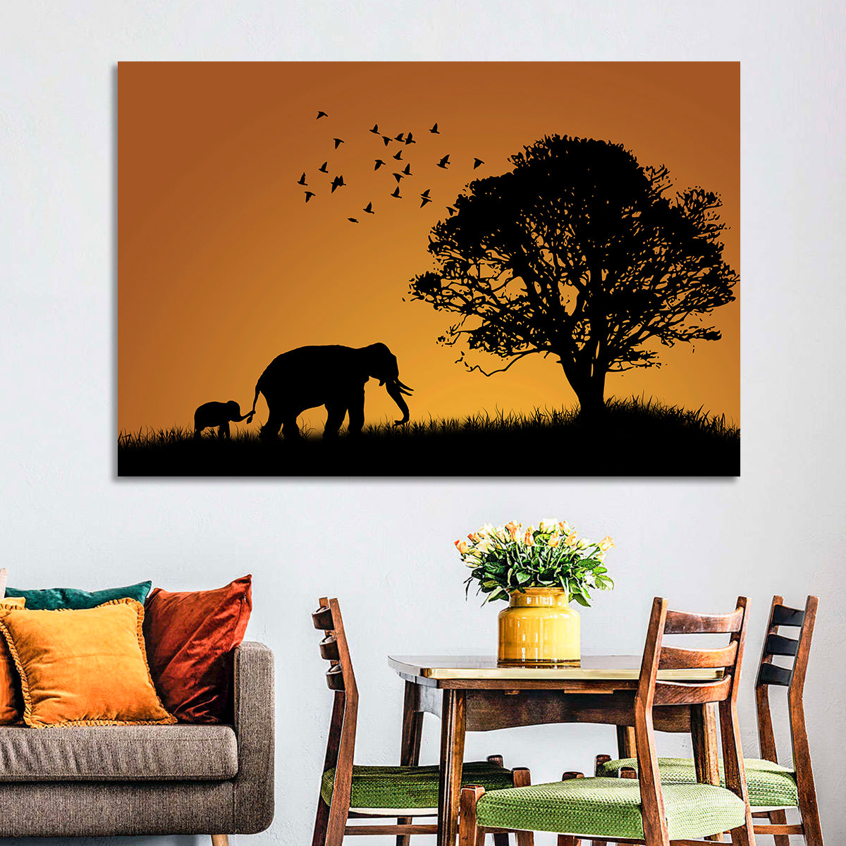Elephant Family at Golden Sunset Wall Art