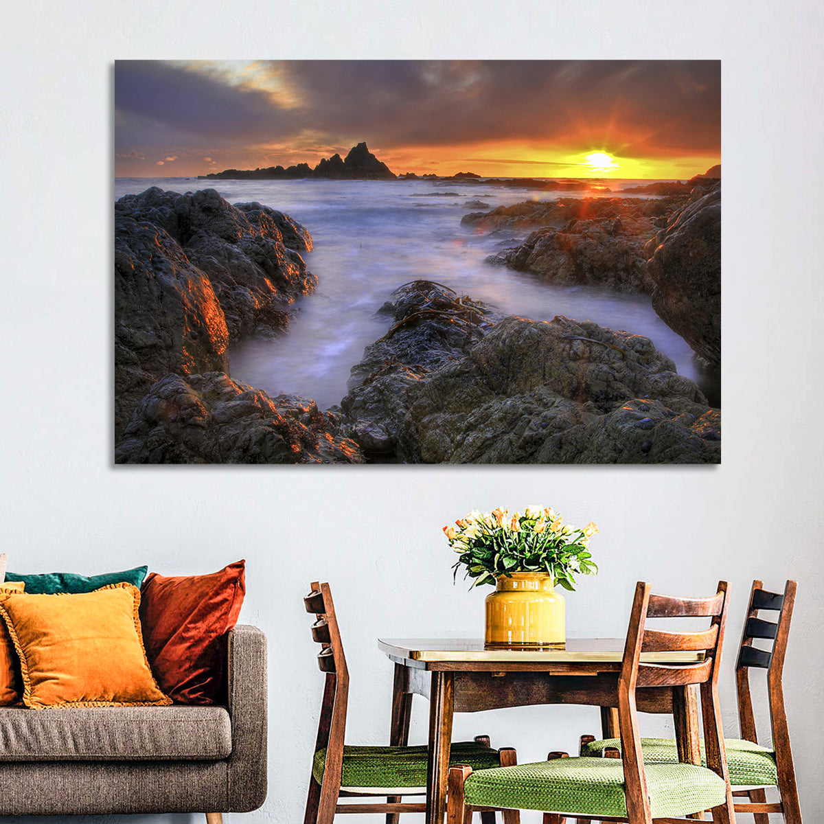 Tramore Rocky Coast Sunset Wall Art in a room, landscape