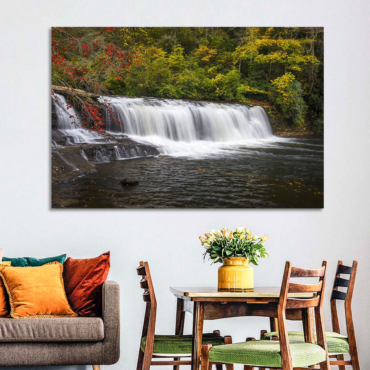 Dupont State Forest Autumn Waterfall Stream Wall Art in a room, landscape