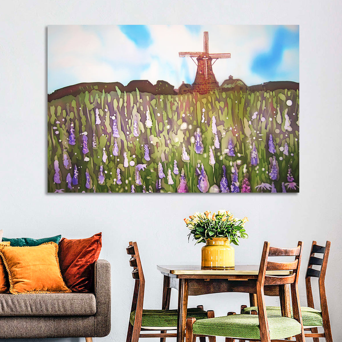 Ink Wash Windmill in Blooming Field Wall Art in a room, landscape