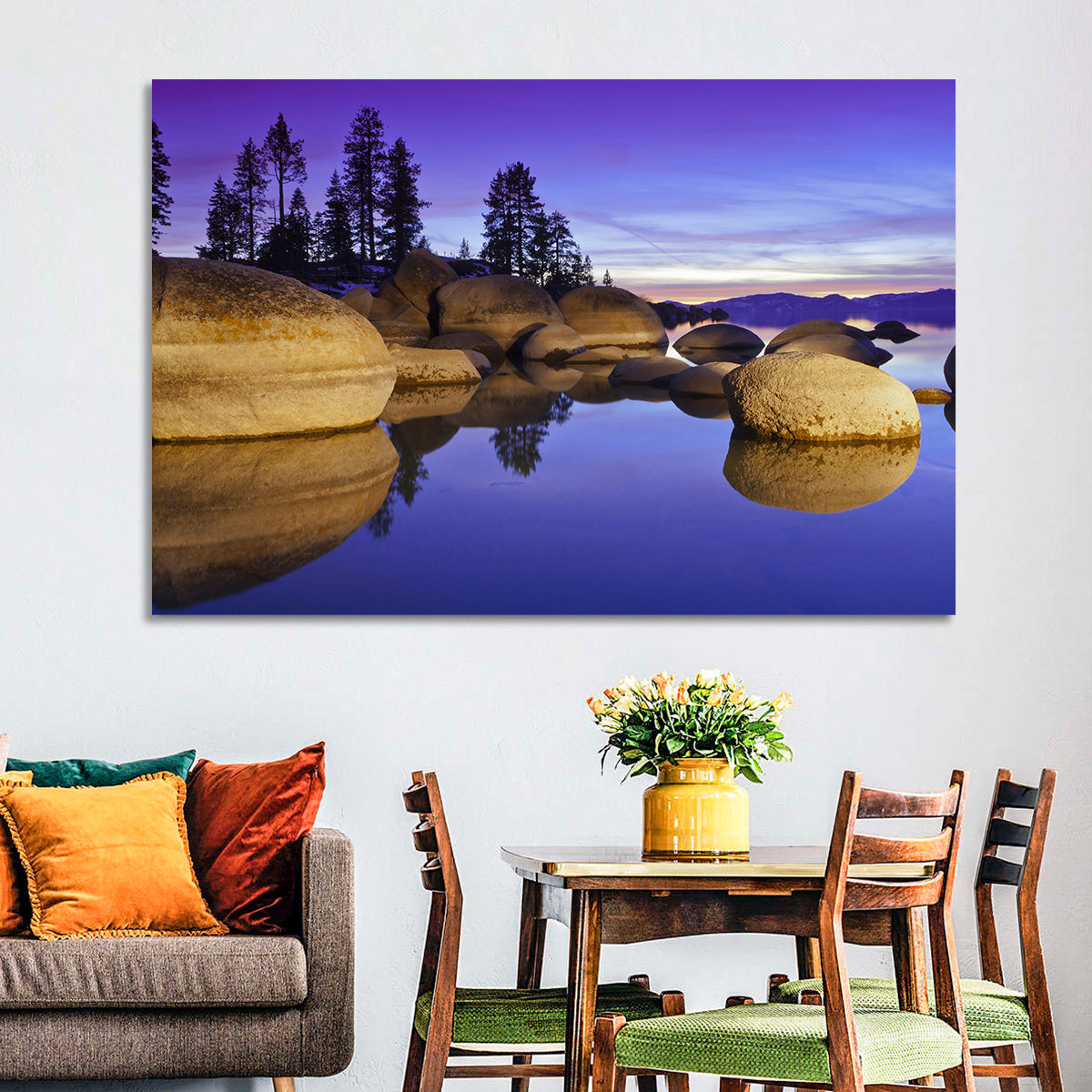 Lake Tahoe Twilight Wall Art in a room, landscape
