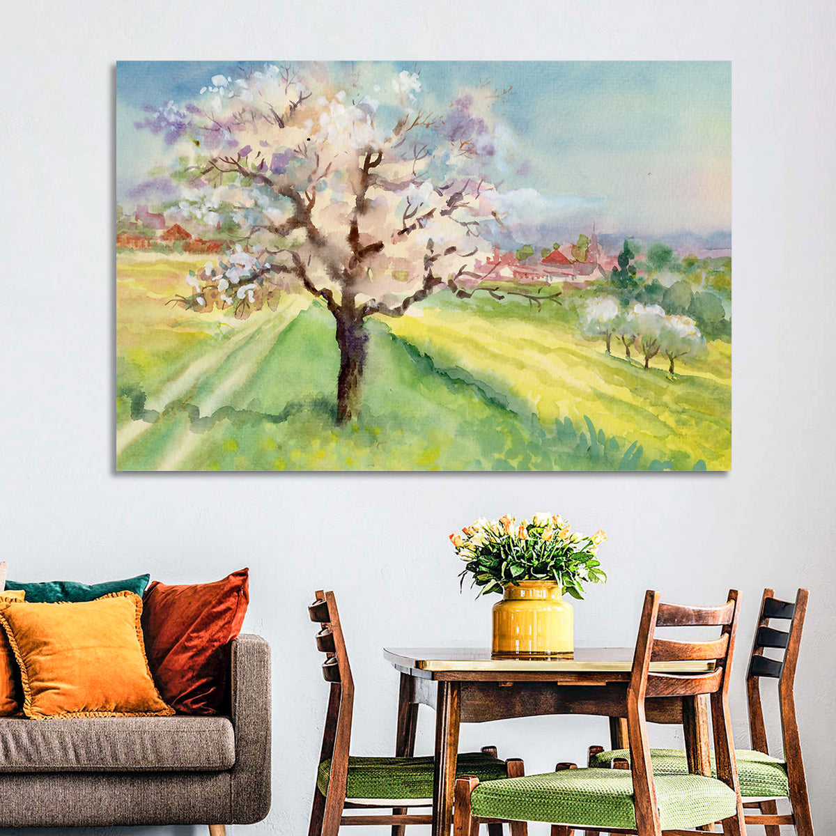 Spring Village Watercolor Wall Art in a room, landscape