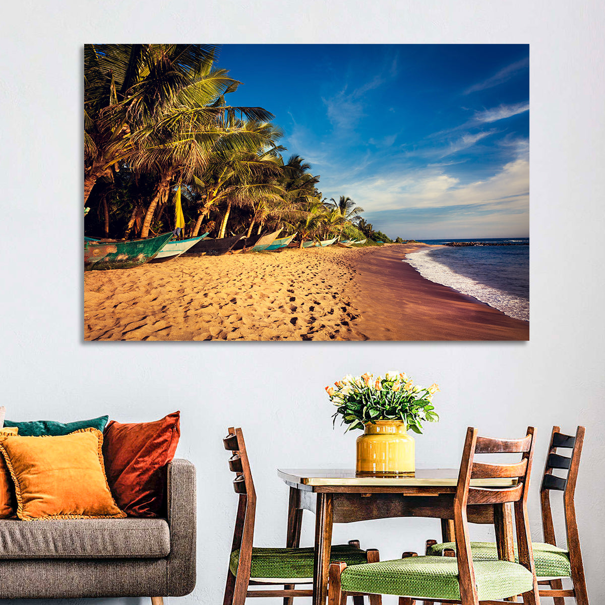 Mirissa Beach Morning Light Wall Art in a room, landscape