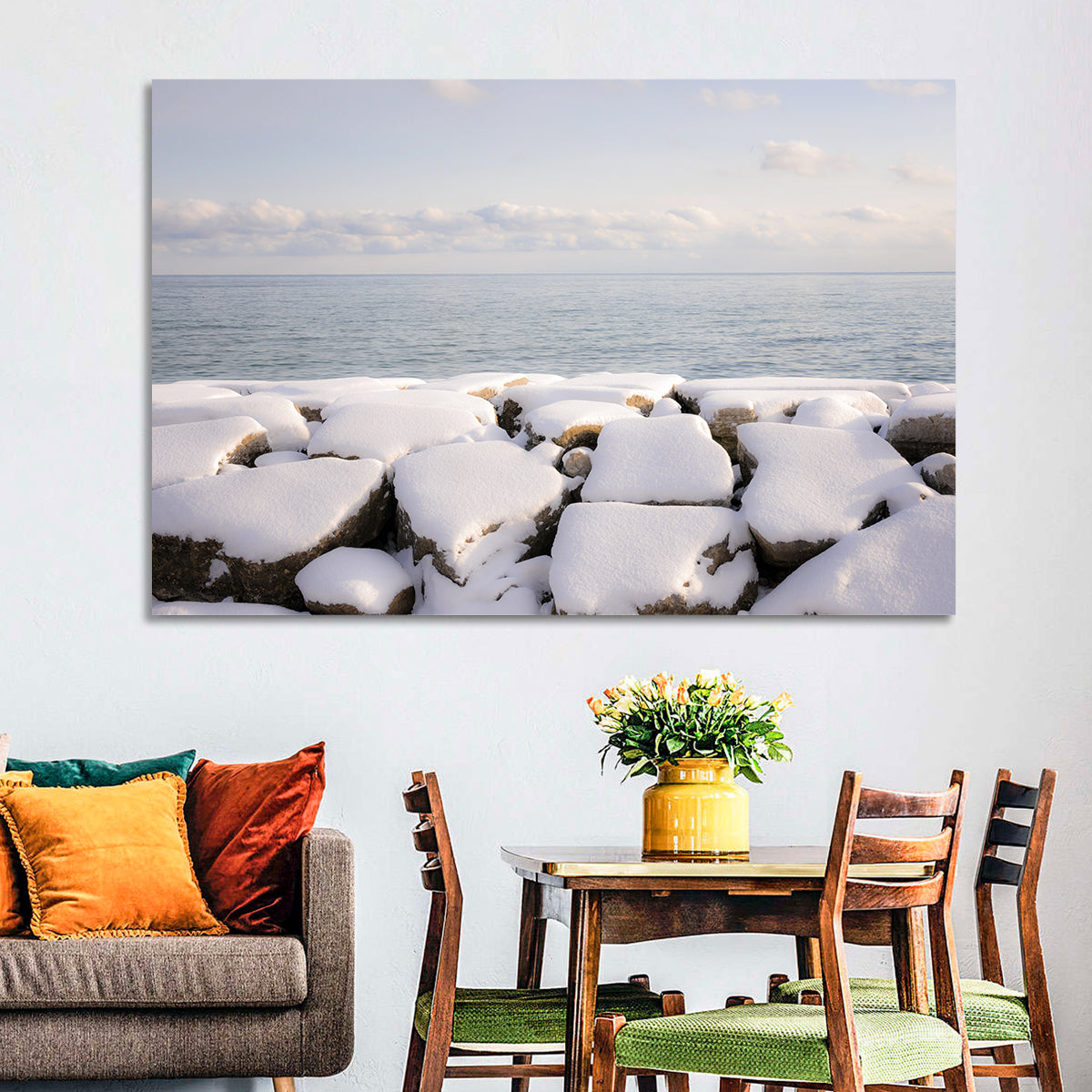 Lake Ontario Snowy Rocks Wall Art in a room, landscape