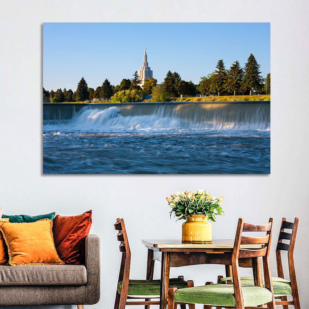 Idaho Falls Temple and Waterfall Wall Art in a room, landscape
