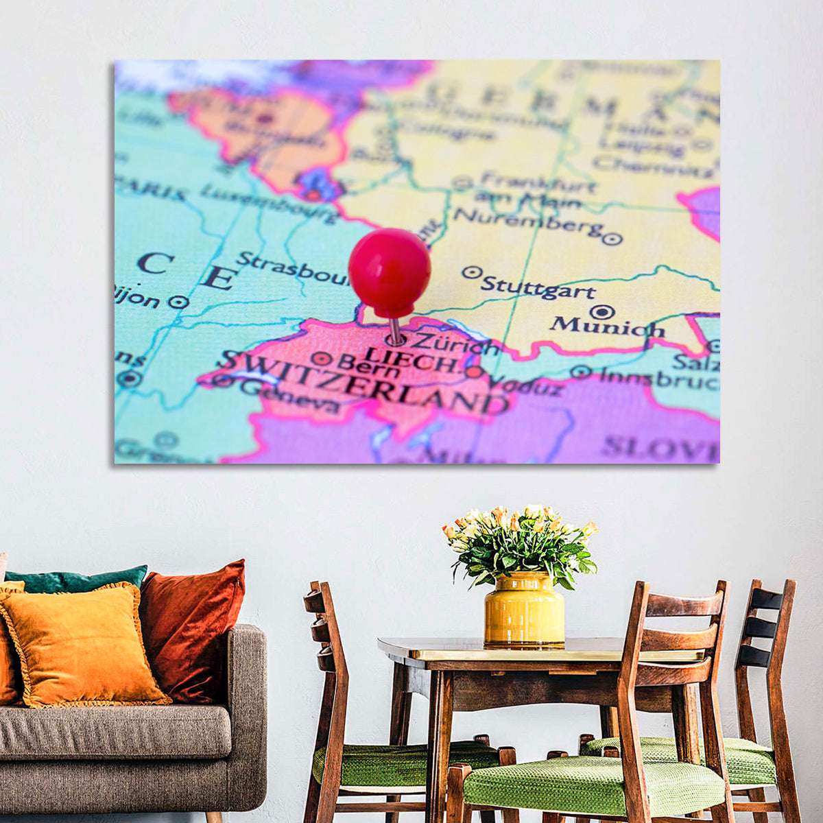 Zurich Map with Red Pin Wall Art in a room, landscape