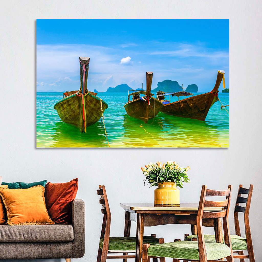 Three Long-tail Boats on Turquoise Water Wall Art