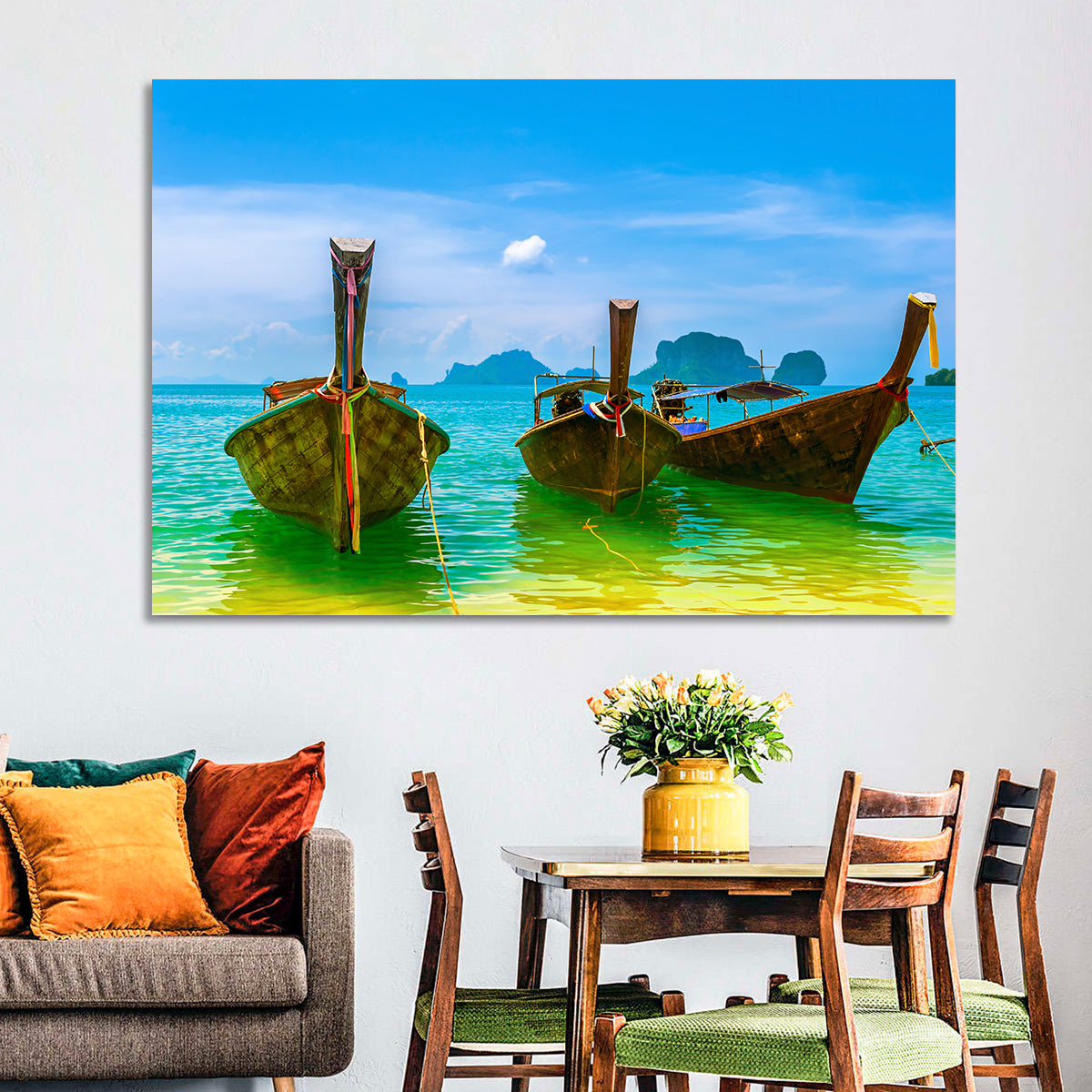 Three Long-tail Boats on Turquoise Water Wall Art