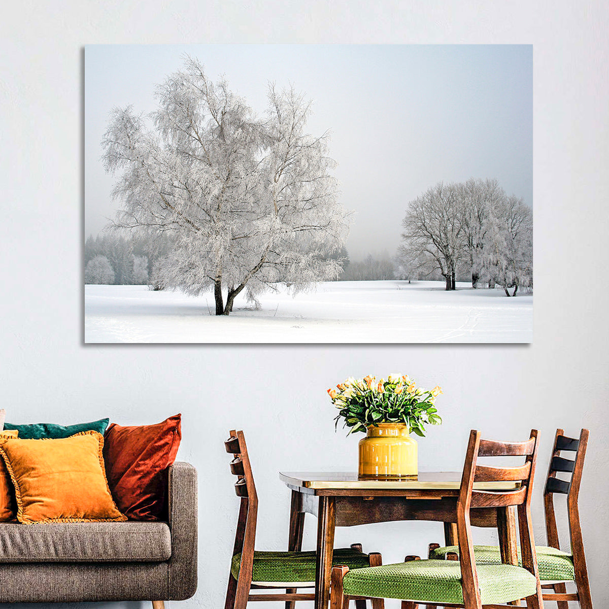 Frosted Birch Grove Wall Art in a room, landscape