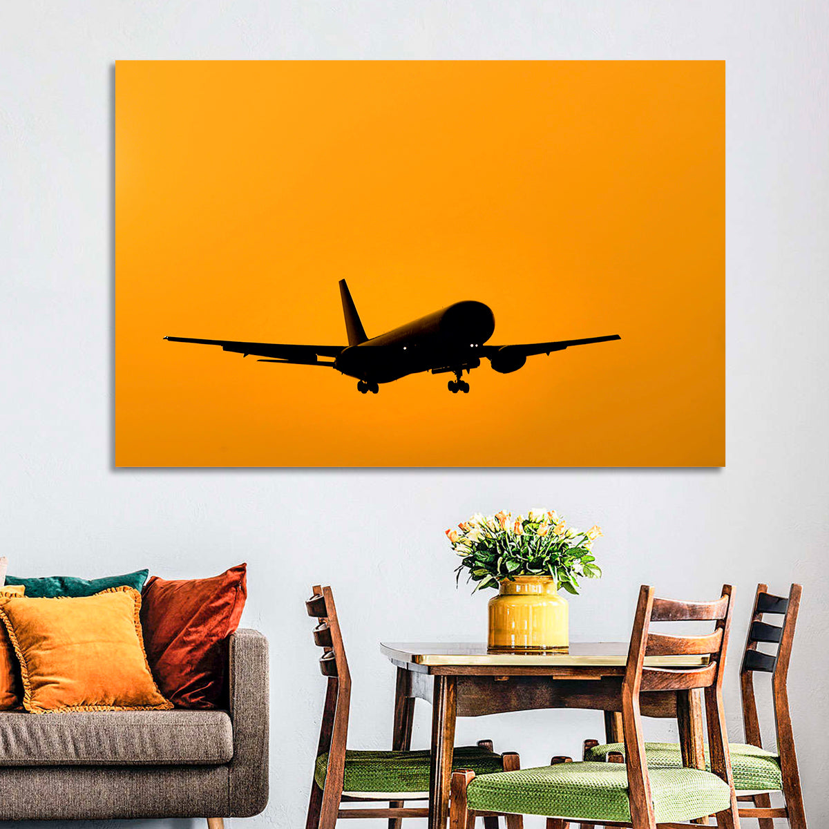 Golden Hour Airliner Silhouette Wall Art in a room, landscape
