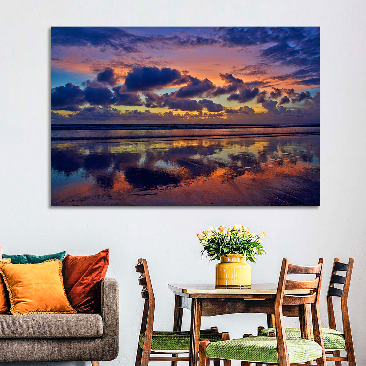 Dusk Beach Reflections Wall Art in a room, landscape
