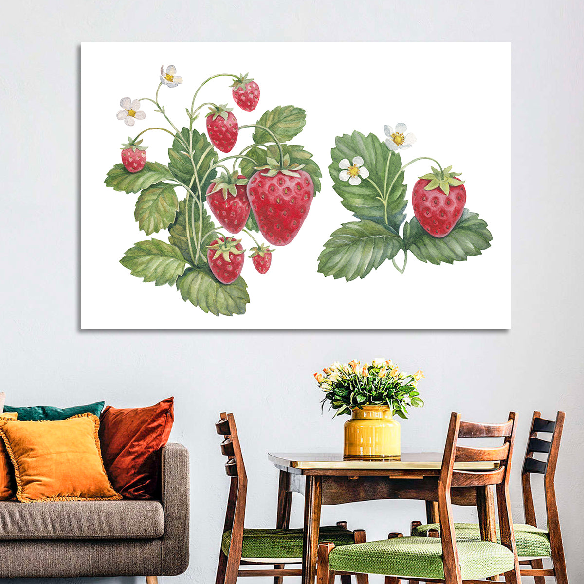 Fresh Strawberry Botanical Illustration Wall Art in a room, landscape