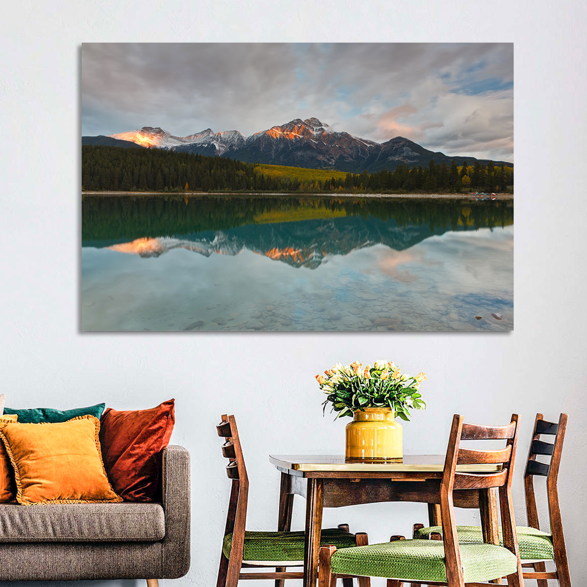 Patricia Lake Golden Hour Reflection Wall Art in a room, landscape