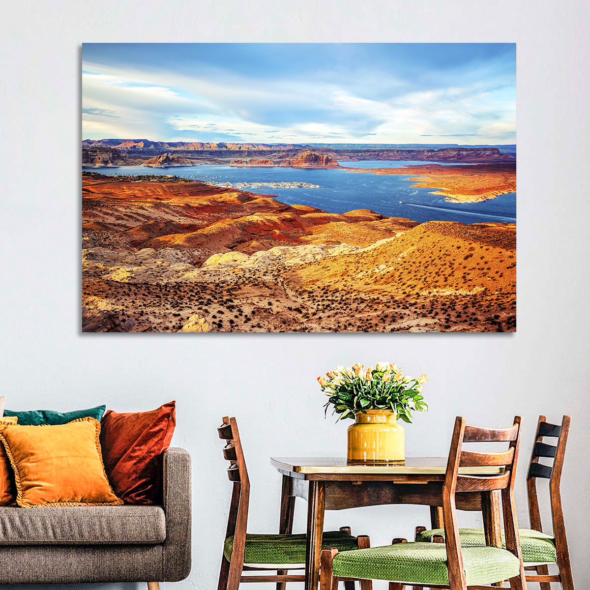 Lake Powell Marina Panorama Wall Art in a room, landscape