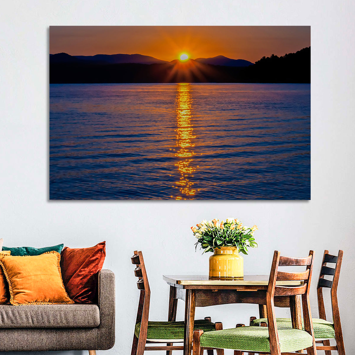 Lake Jocassee Golden Sunrise Wall Art in a room, landscape