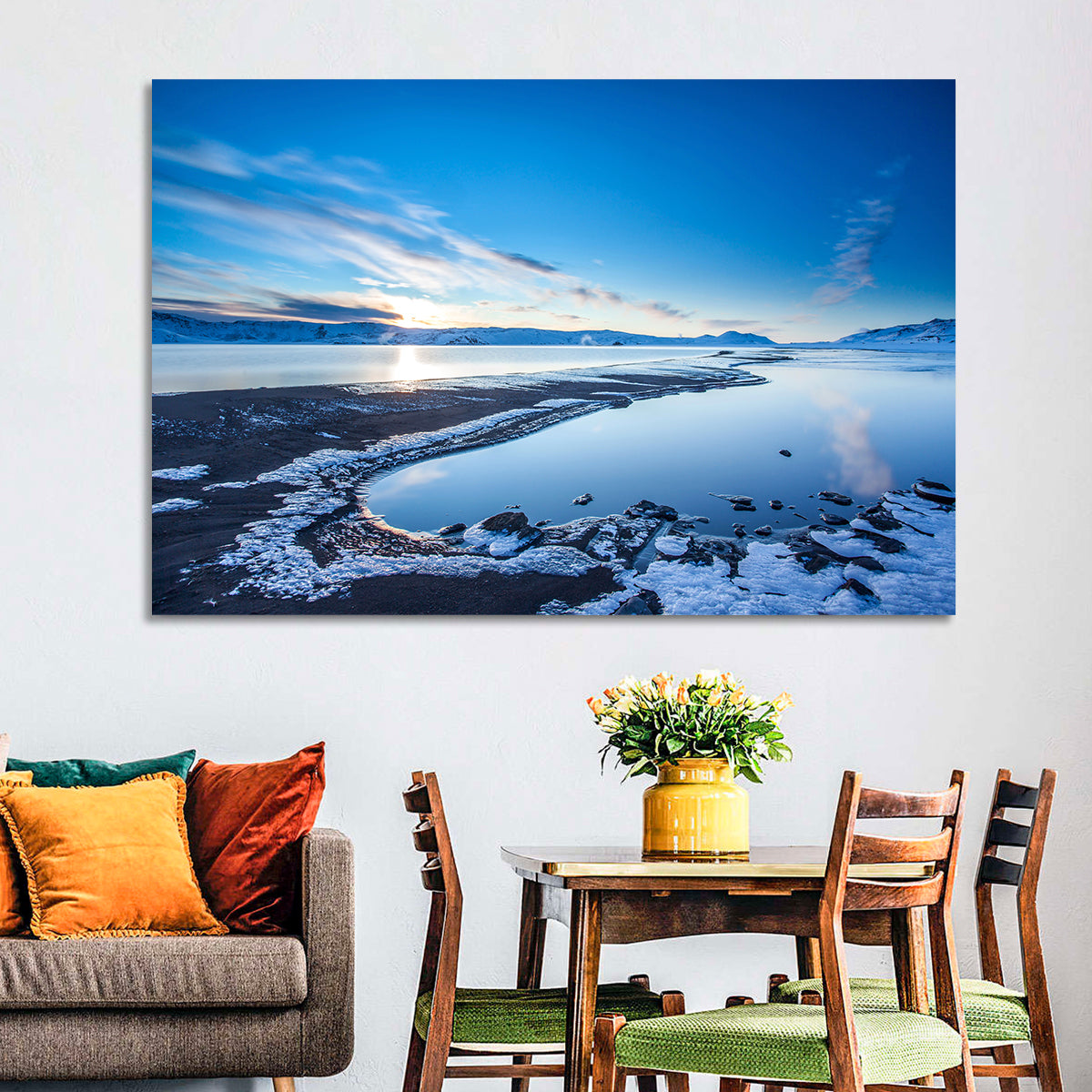 Lake Kleifarvatn Icy Shoreline Wall Art in a room, landscape