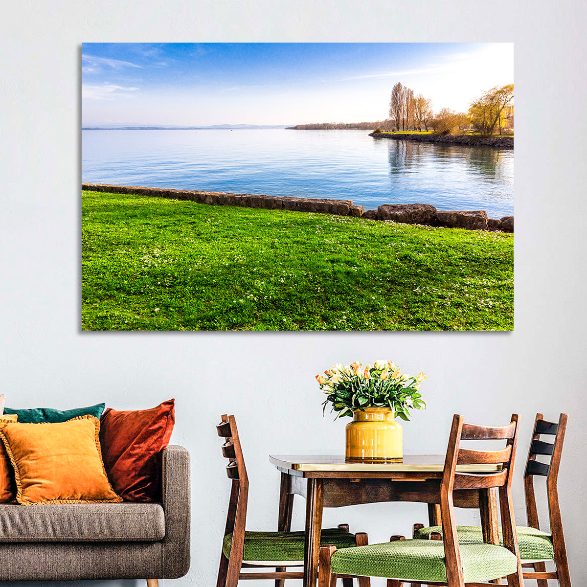 Lake Neuchatel Meadow Wall Art in a room, landscape