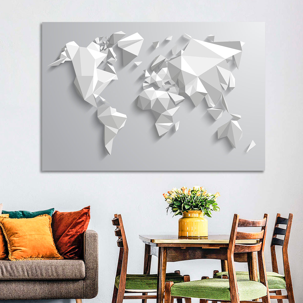 Faceted Triangular World Map Wall Art in a room, landscape