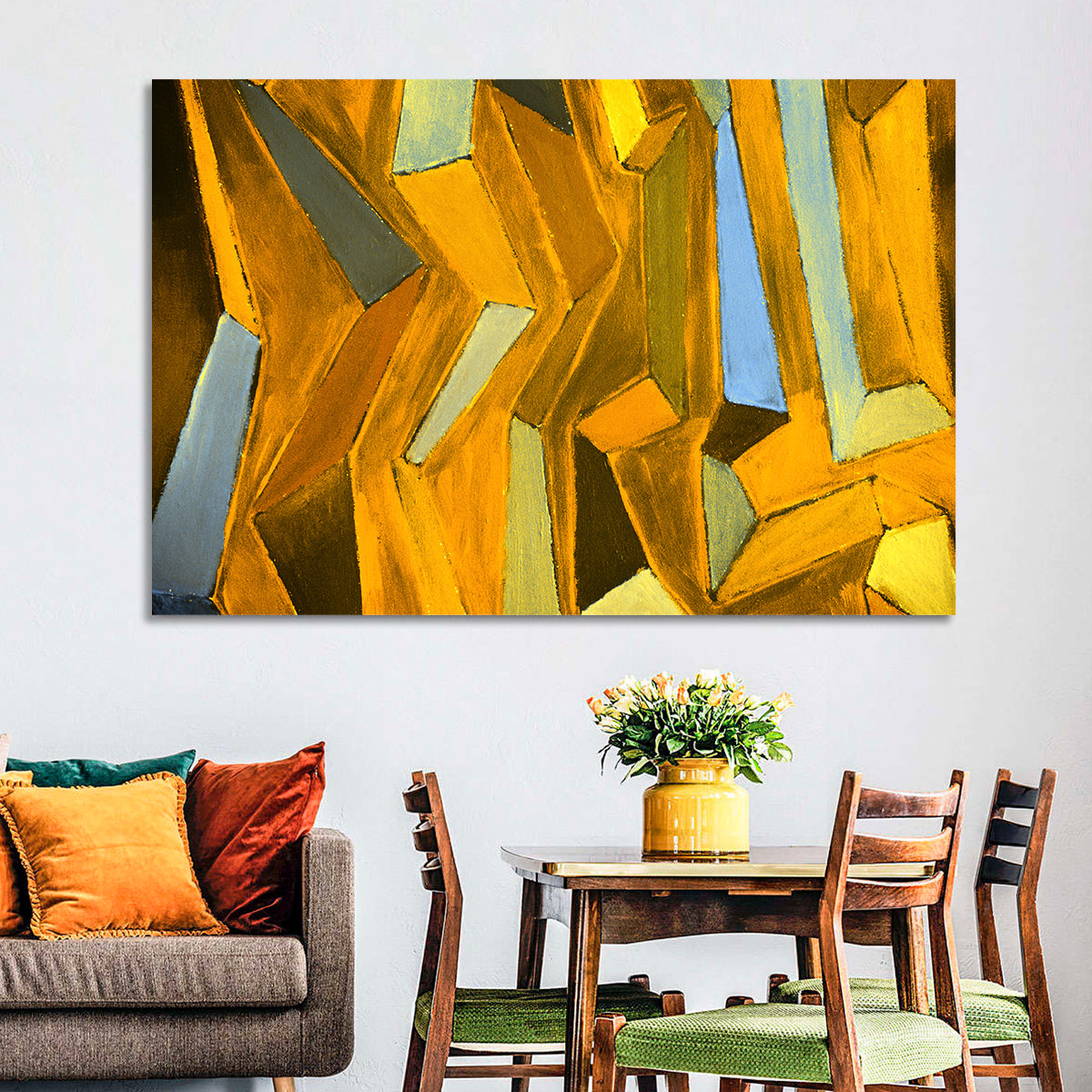 Golden Blocks Abstract Wall Art in a room, landscape