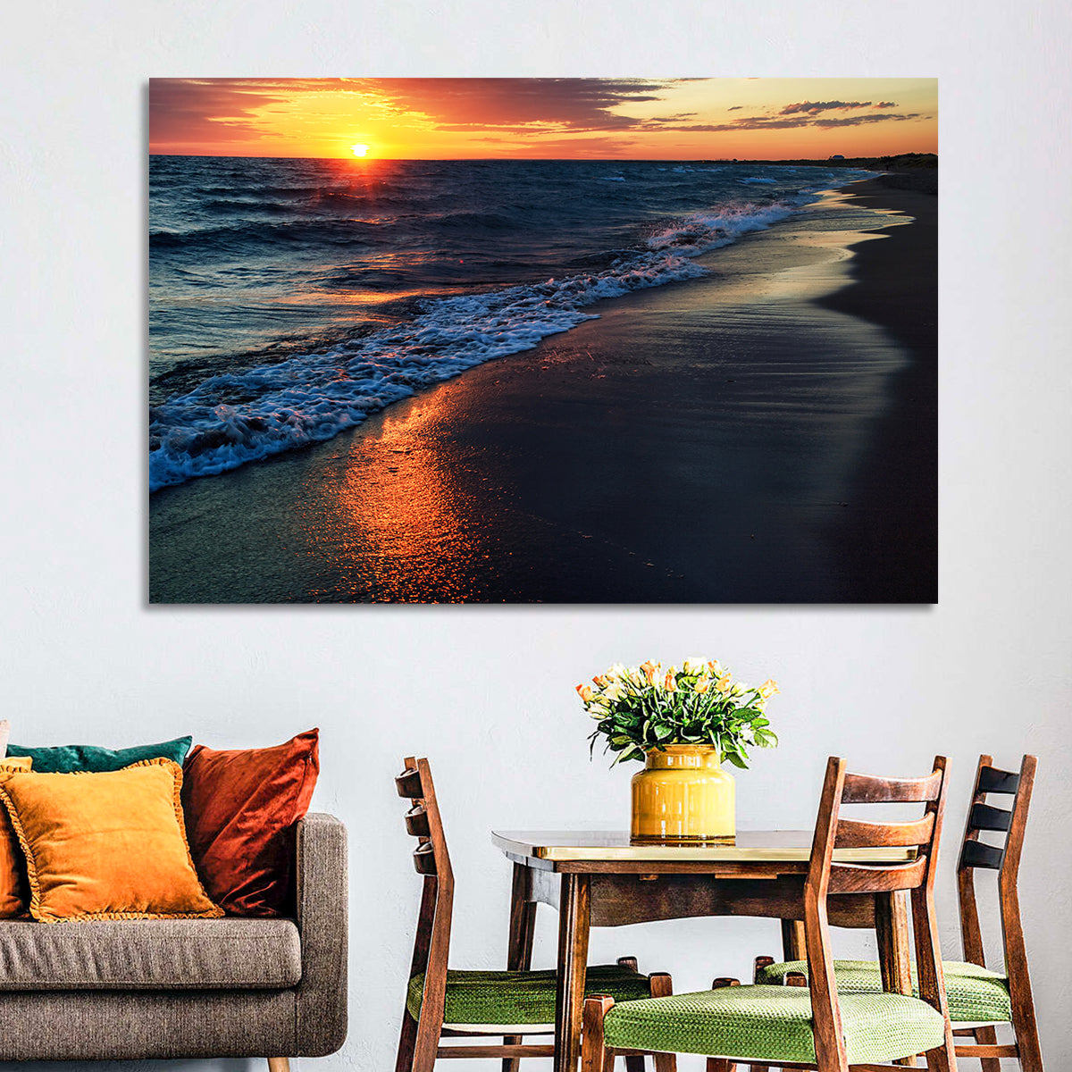 Lake Balkhash Golden Dusk Wall Art in a room, landscape