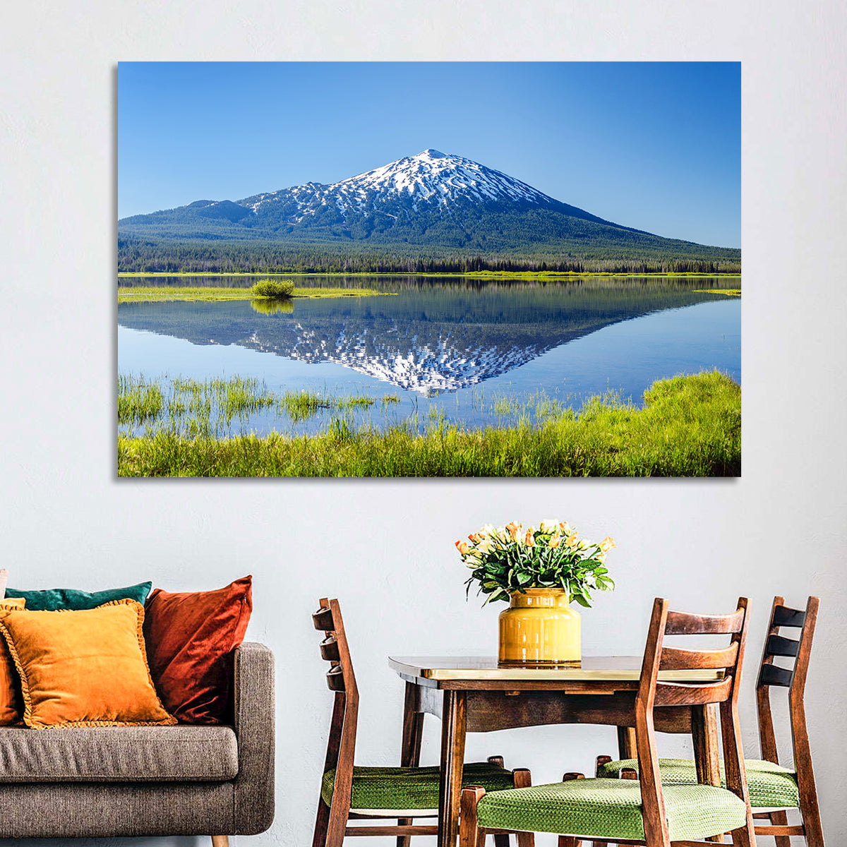 Mount Bachelor Lake Reflection Wall Art in a room, landscape