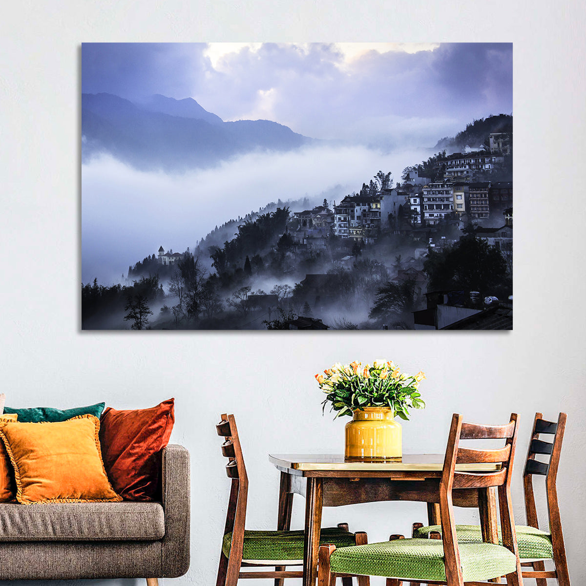 Misty Hillside Town Wall Art in a room, landscape