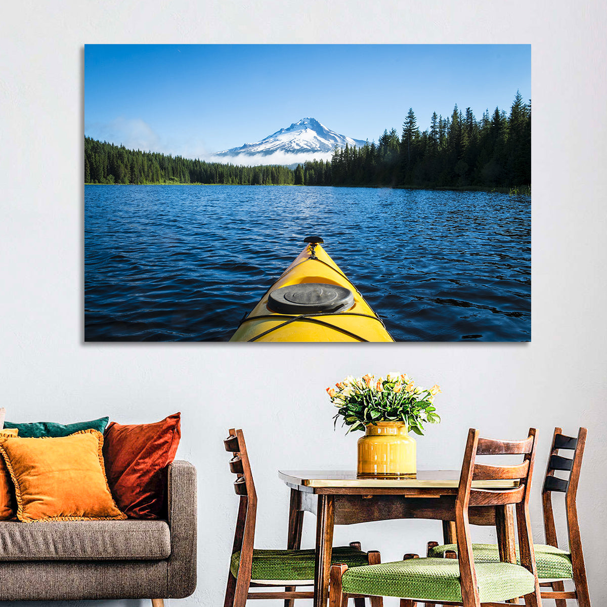 Yellow Kayak at Trillium Lake Wall Art in a room, landscape