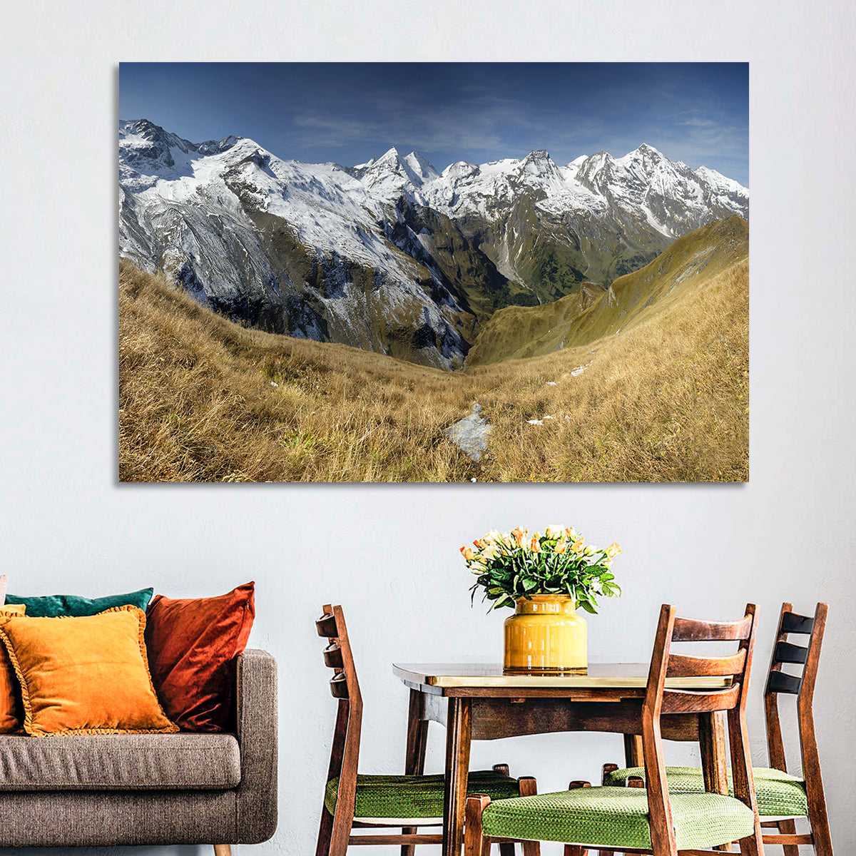 Crisp Alpine Valley with Snow-capped Peaks Wall Art in a room, landscape