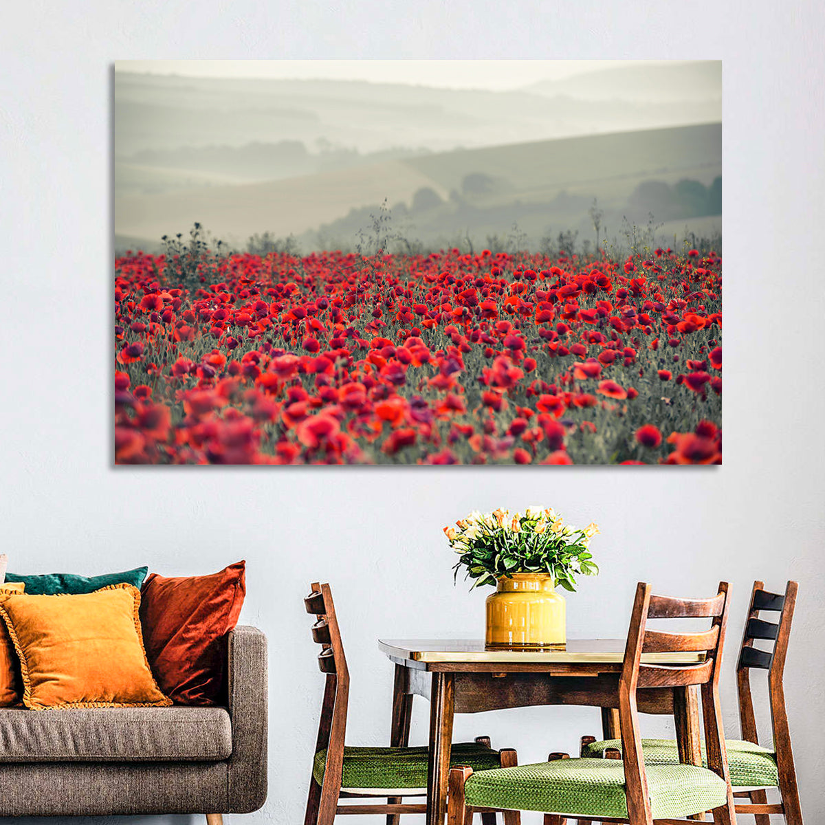 Red Poppy Field Wall Art in a room, landscape