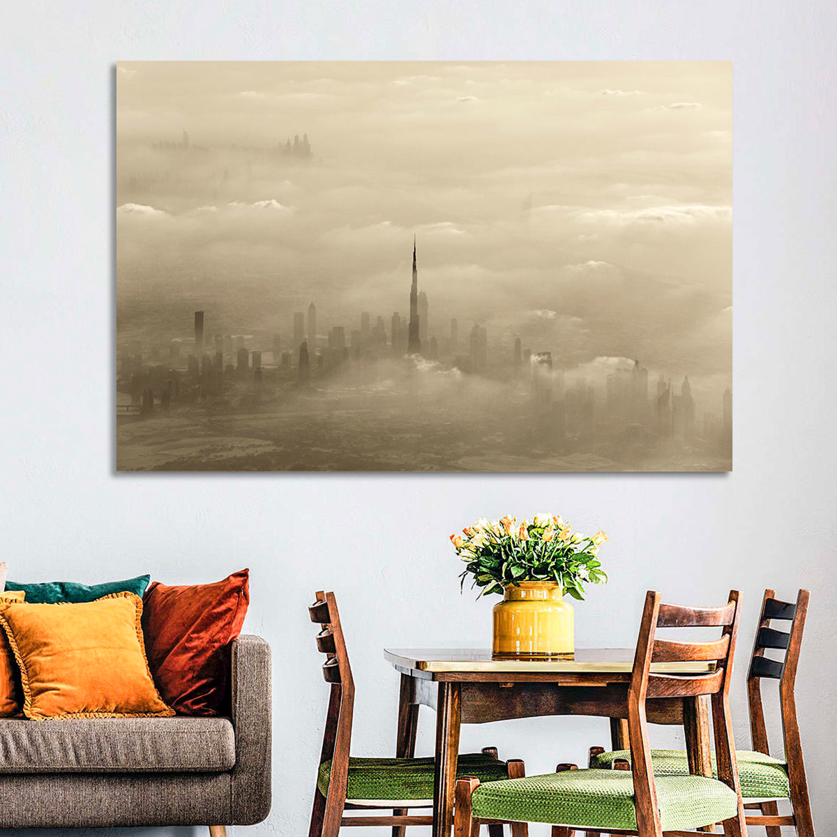Dubai Haze Over Burj Khalifa Wall Art in a room, landscape