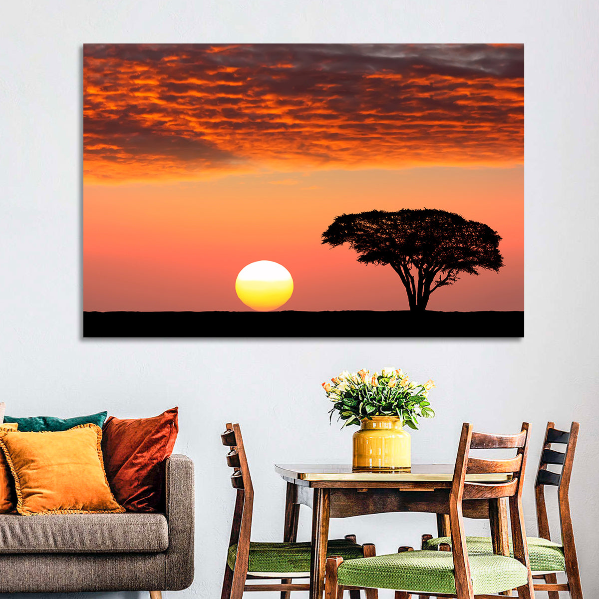 Serengeti Sunset Silhouette Wall Art in a room, landscape