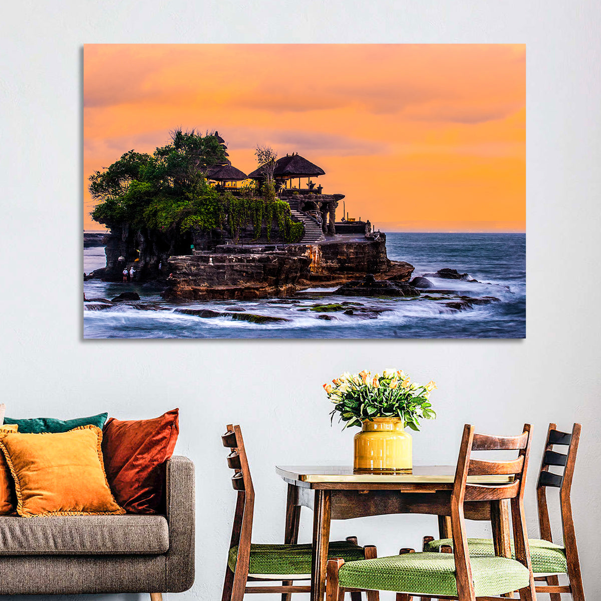 Tanah Lot Temple at Sunset Wall Art in a room, landscape
