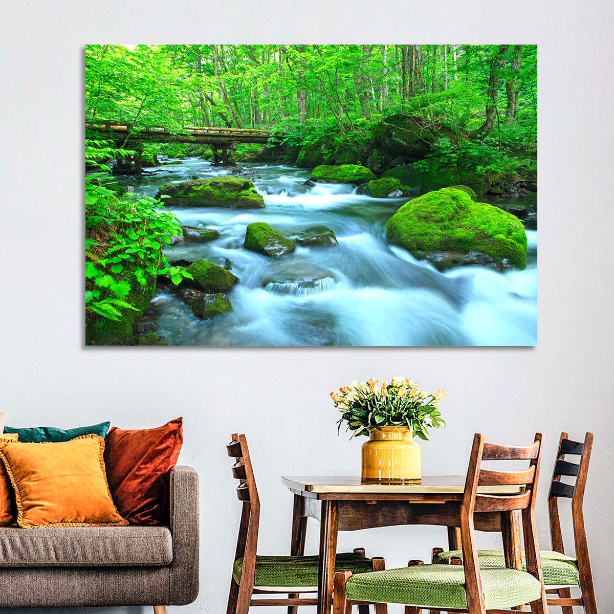 Mossy Forest Stream Wall Art in a room, landscape