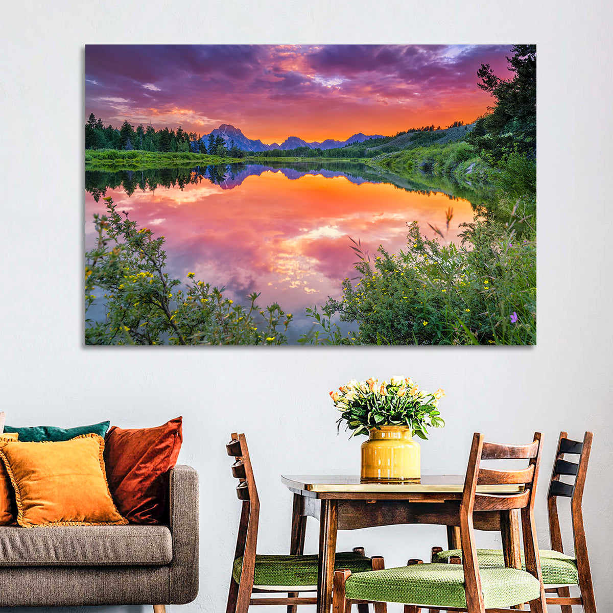 Oxbow Bend Sunset Wall Art in a room, landscape