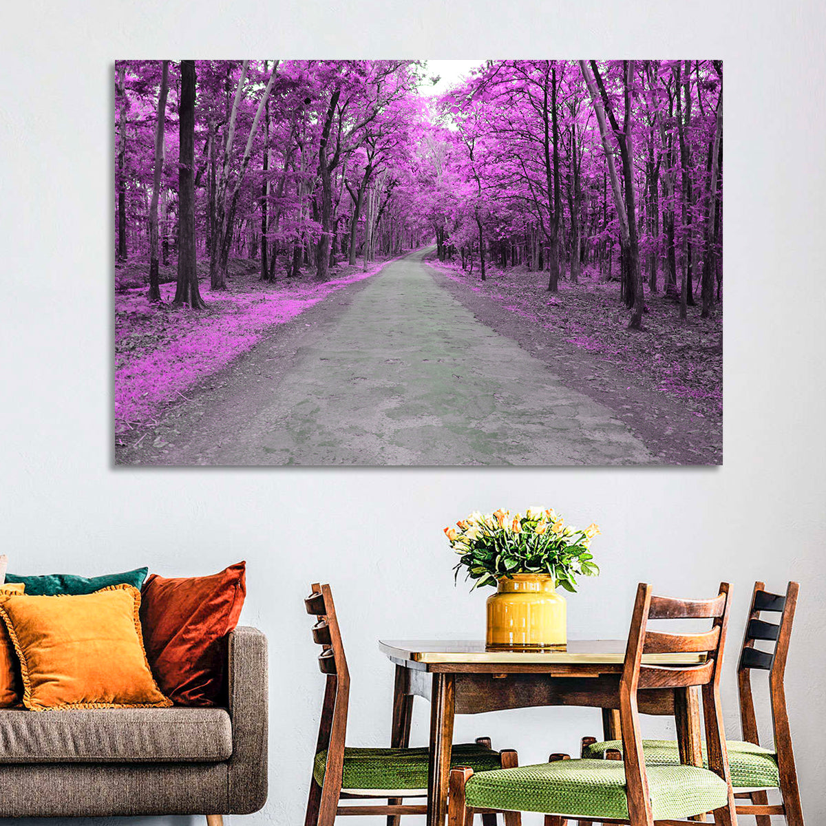 Magenta Autumn Forest Road Wall Art in a room, landscape