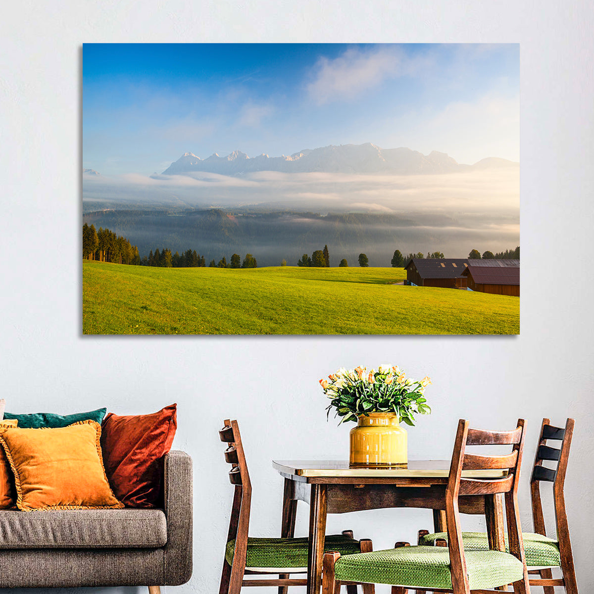 Sunlit Mountain Clouds Wall Art in a room, landscape