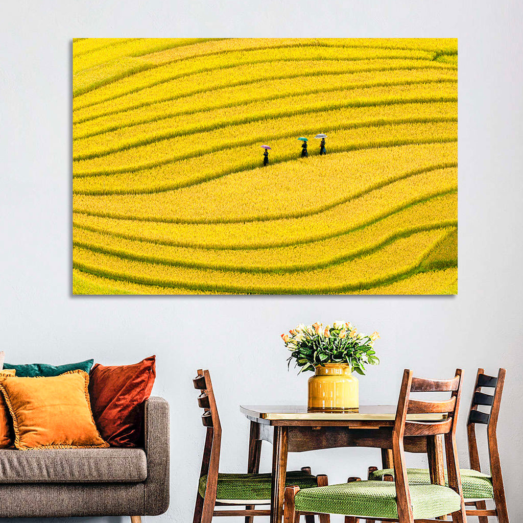 Golden Rice Terraces with Umbrellas Wall Art