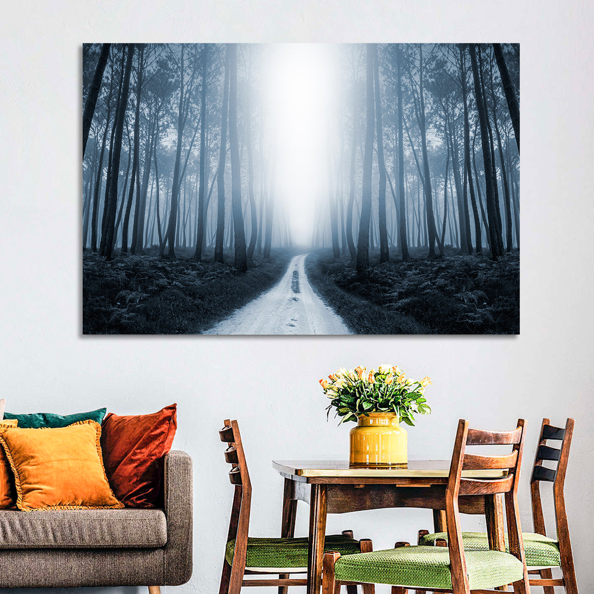 Misty Forest Road at Twilight Wall Art in a room, landscape