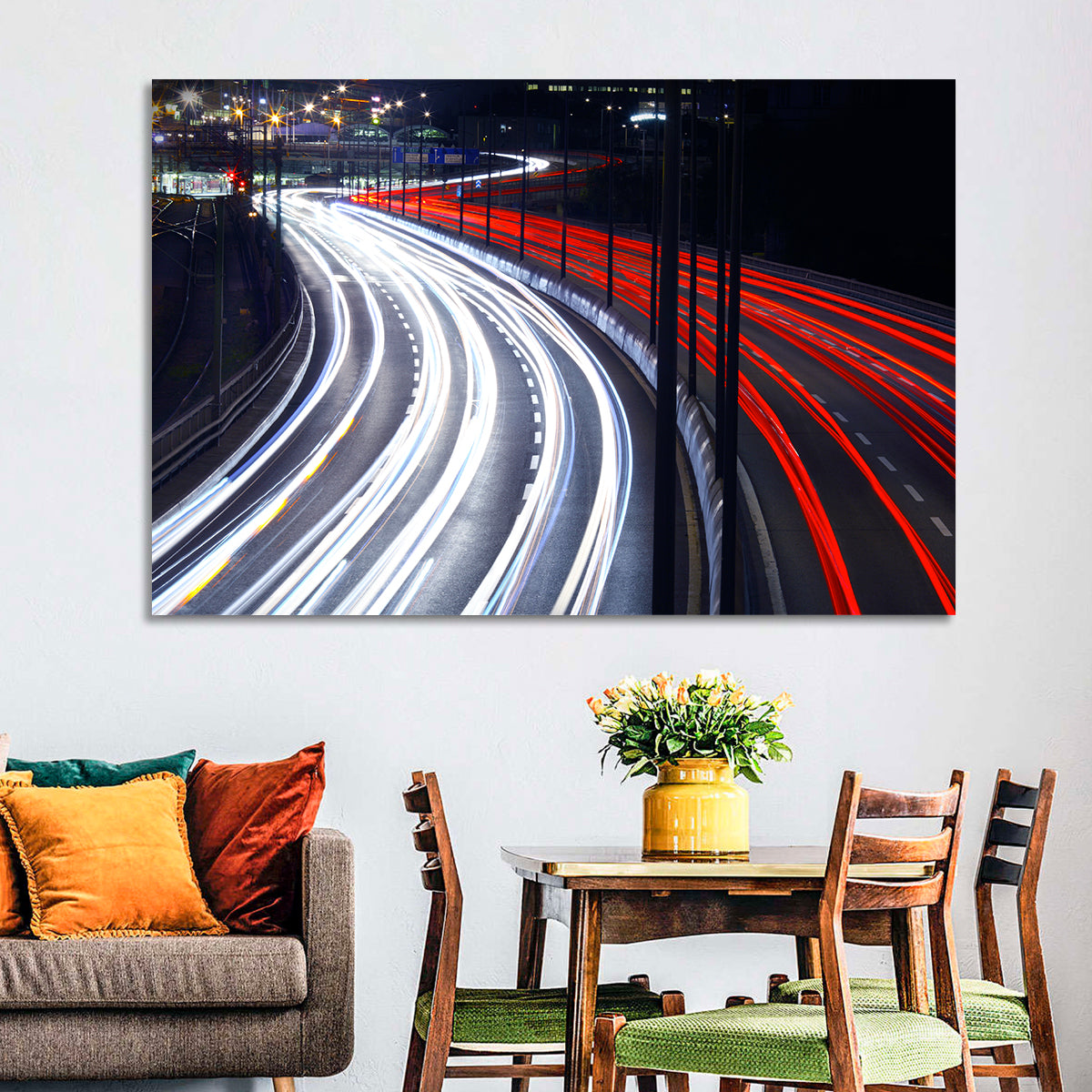 Night Highway Light Trails Wall Art in a room, landscape