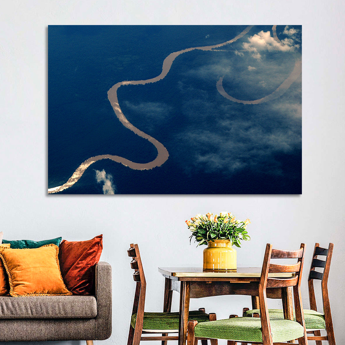 Sunlit Meander of the Amazon River Wall Art in a room, landscape
