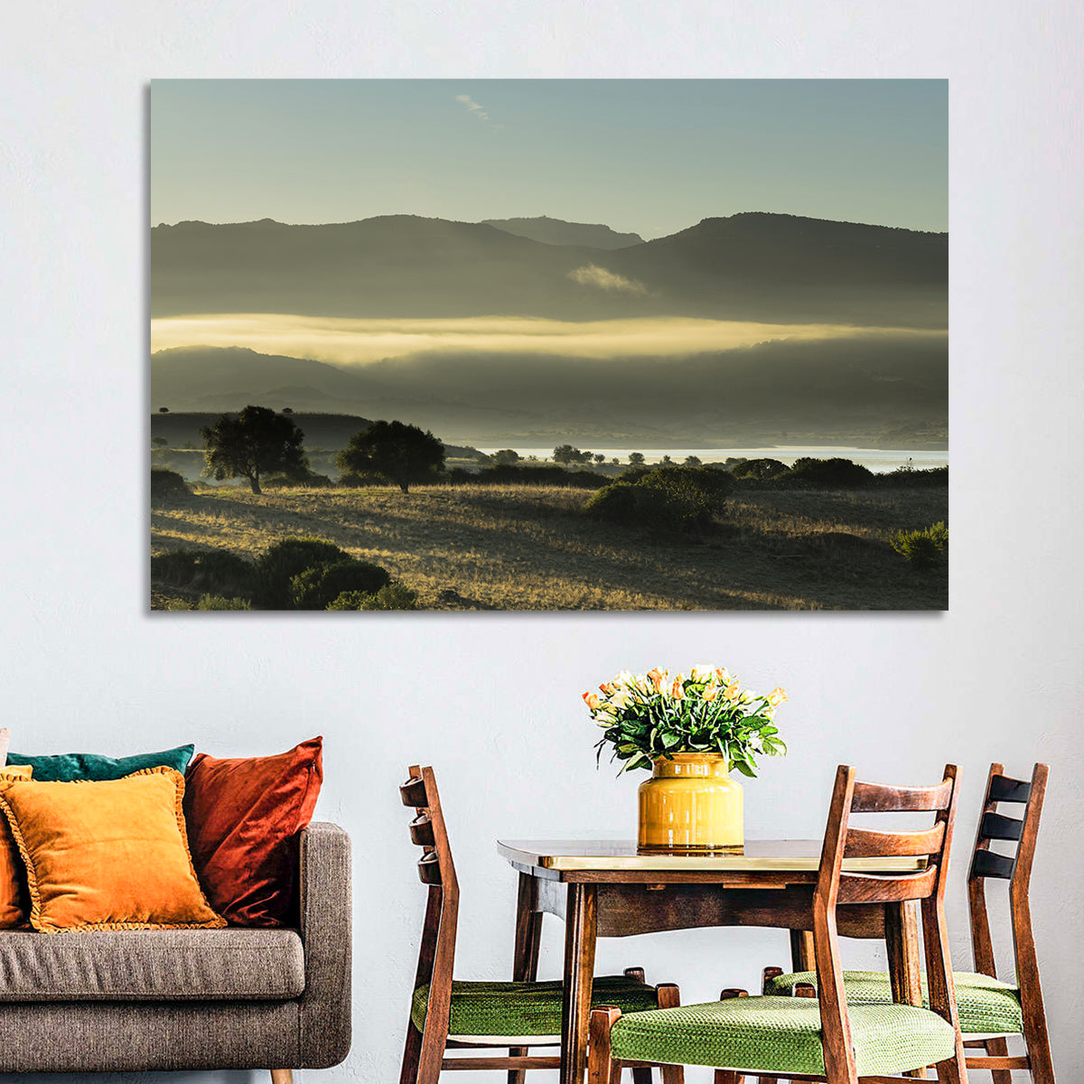 Lake Omodeo Morning Mist Wall Art in a room, landscape