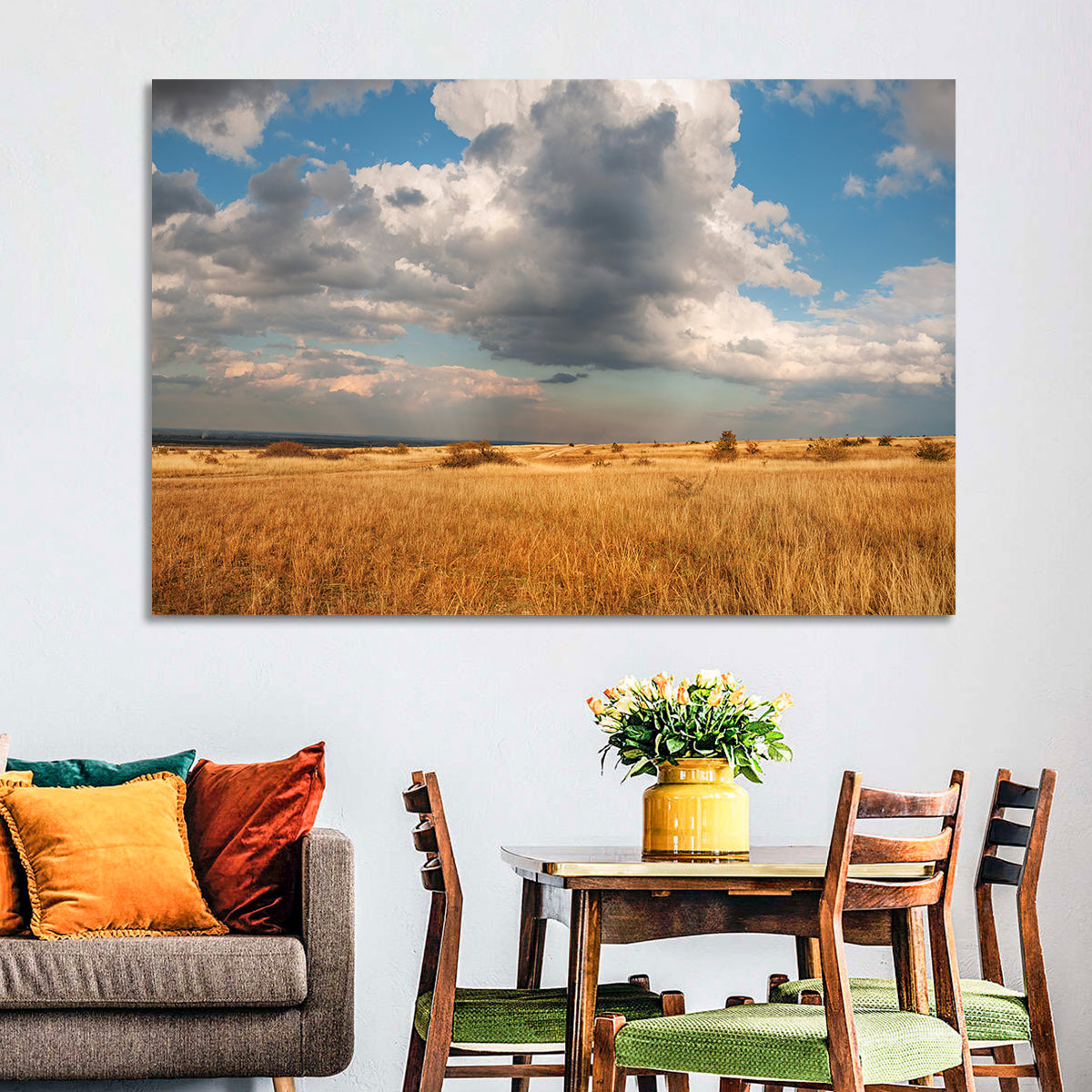 Golden Oklahoma Prairie Wall Art in a room, landscape