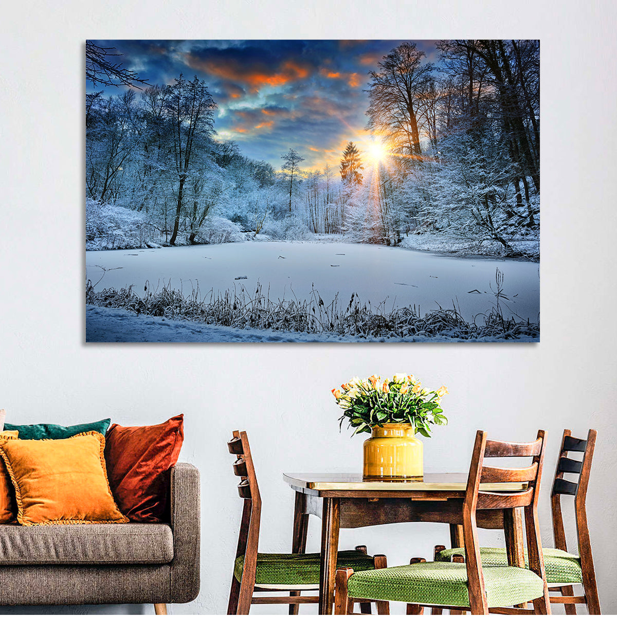 Frozen Forest Lake Wall Art in a room, landscape