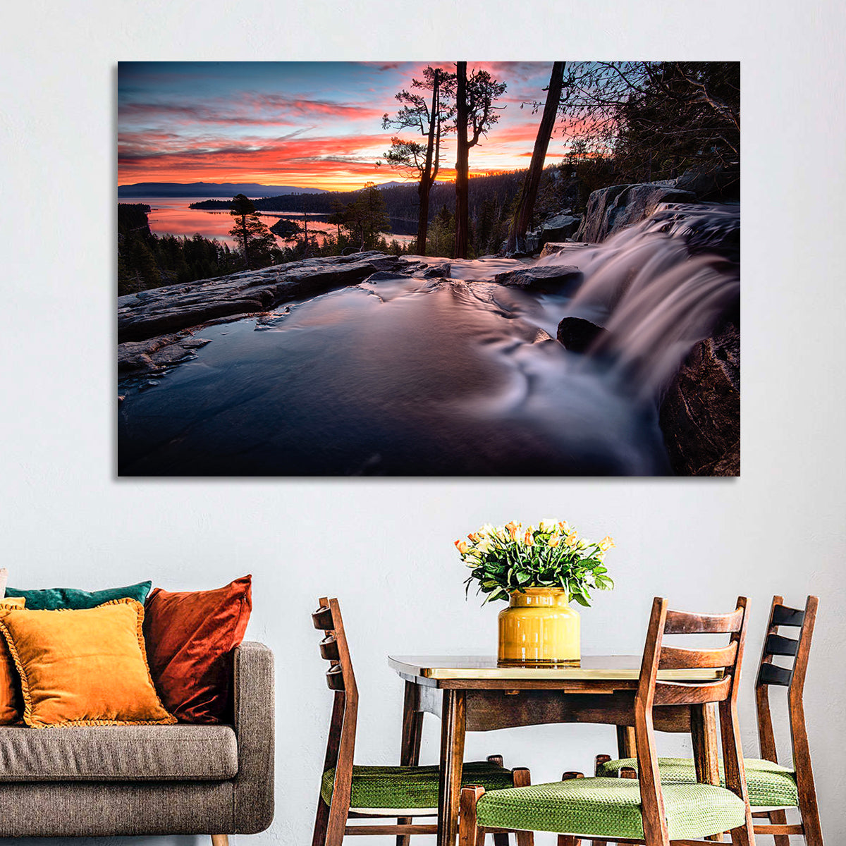 Waterfall Near Lake Tahoe Wall Art in a room, landscape