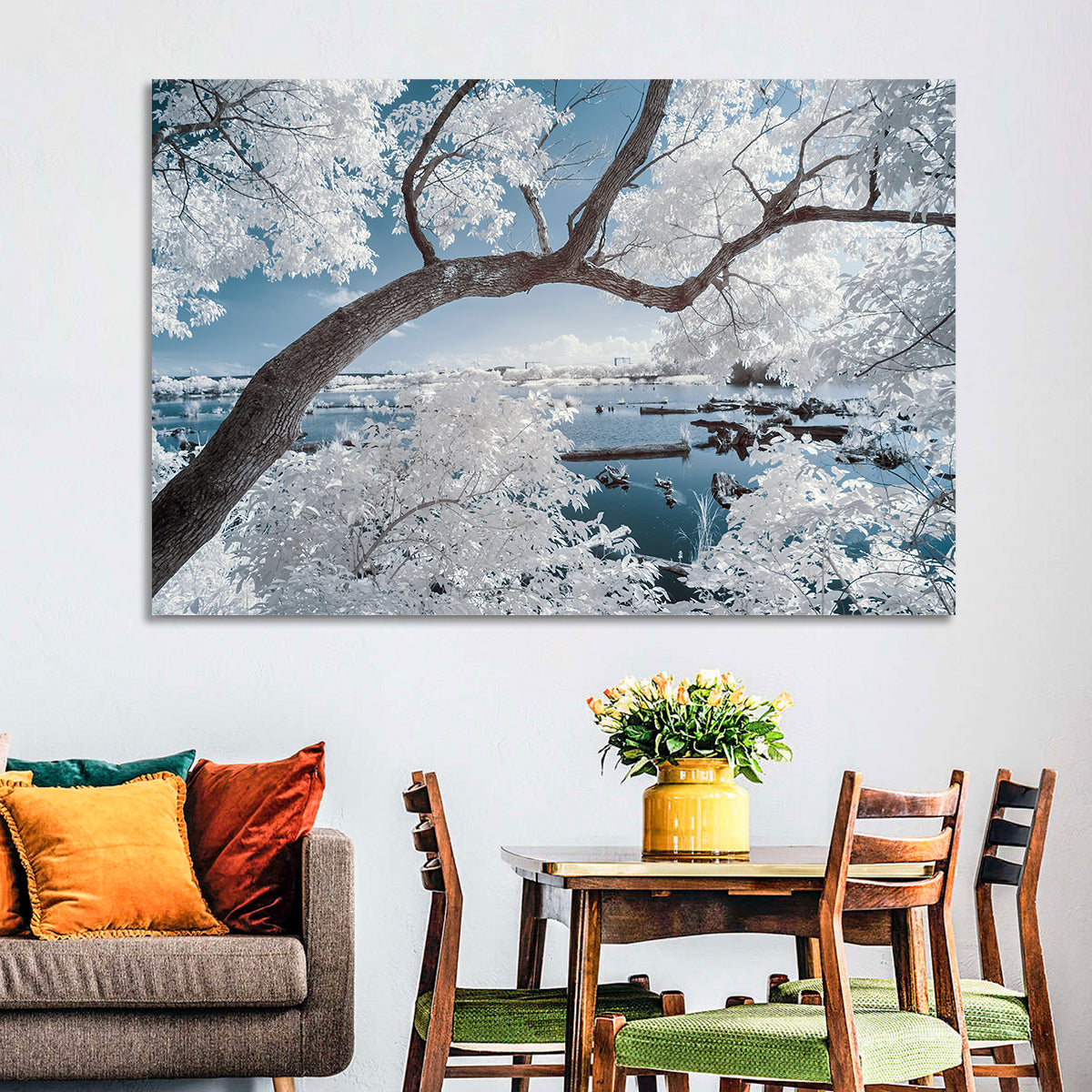 Curving Winter Tree Over Lake Wall Art in a room, landscape